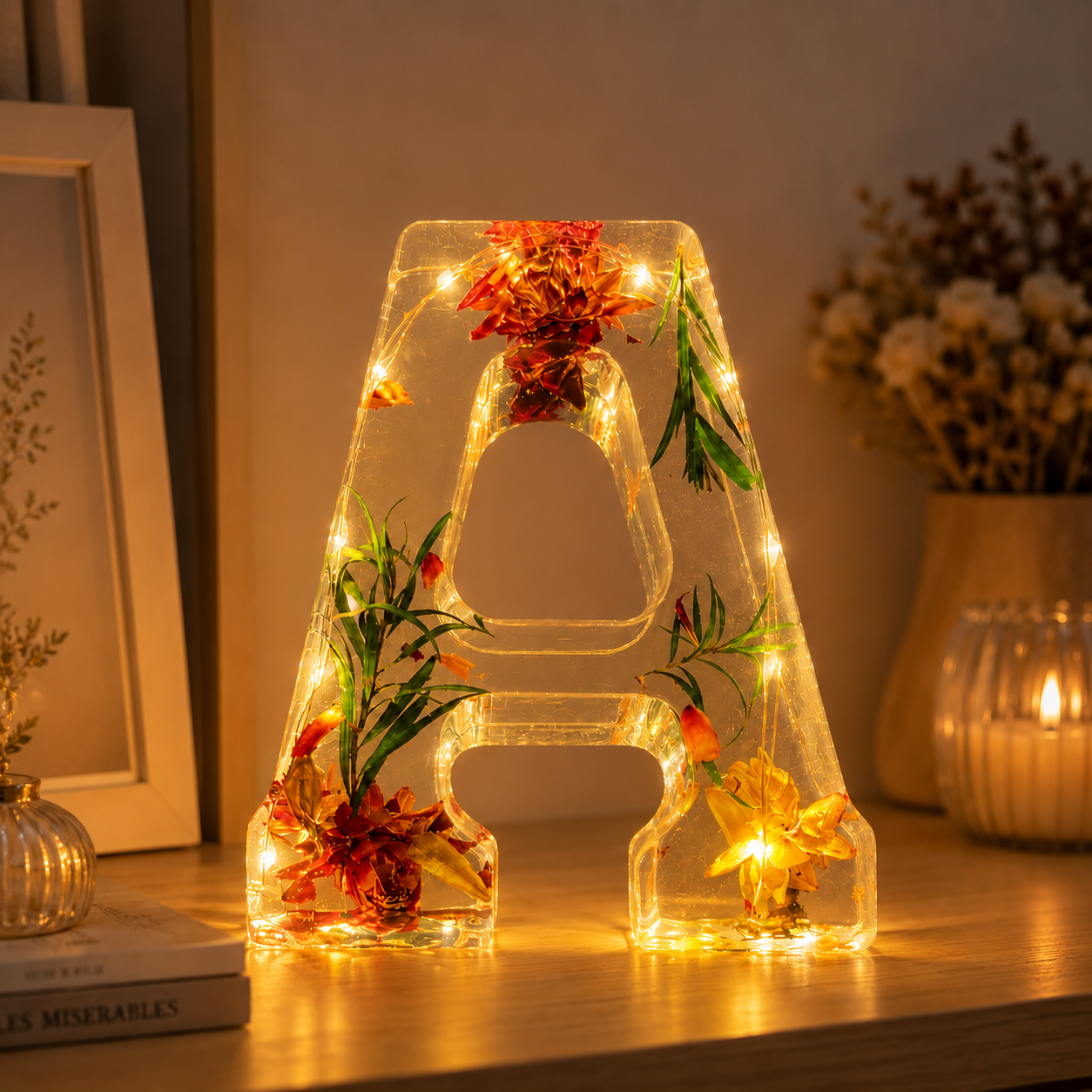 Buchstaben-Harzlampe mit getrockneten Blumen