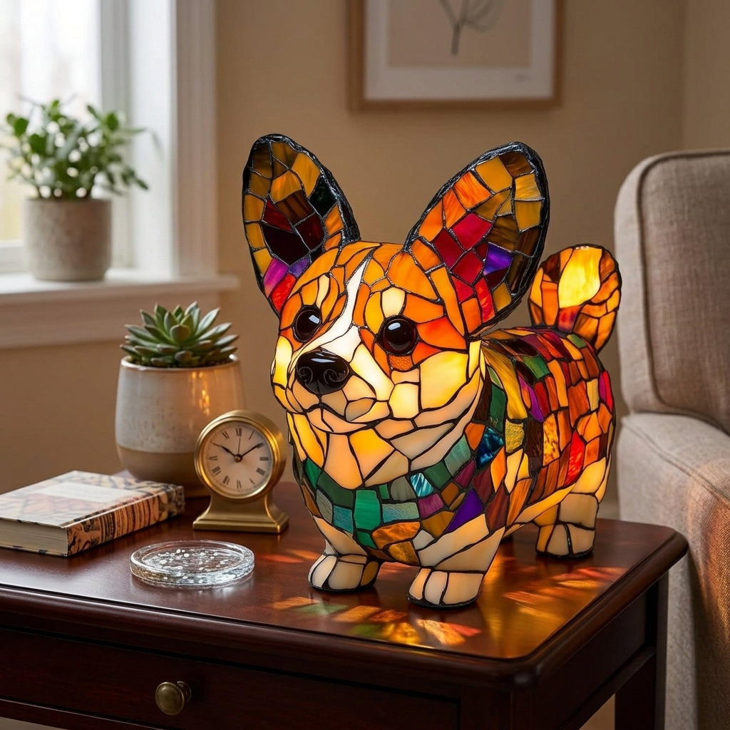 Table Lamp Stained Glass Dog LED Night Light Decor