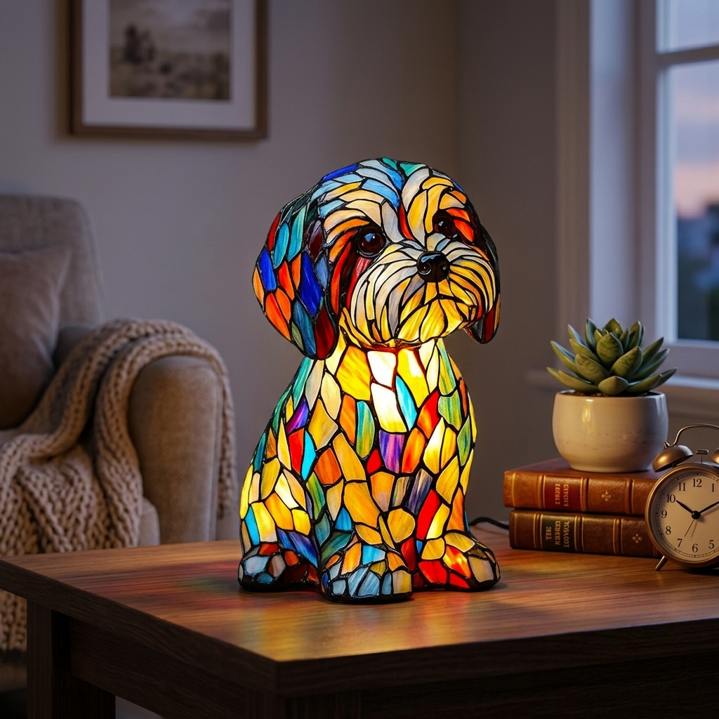 Table Lamp Stained Glass Dog LED Night Light Decor