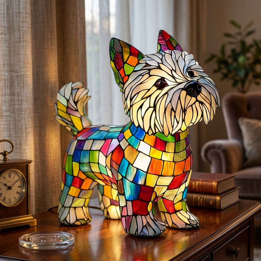 Table Lamp Stained Glass Dog LED Night Light Decor