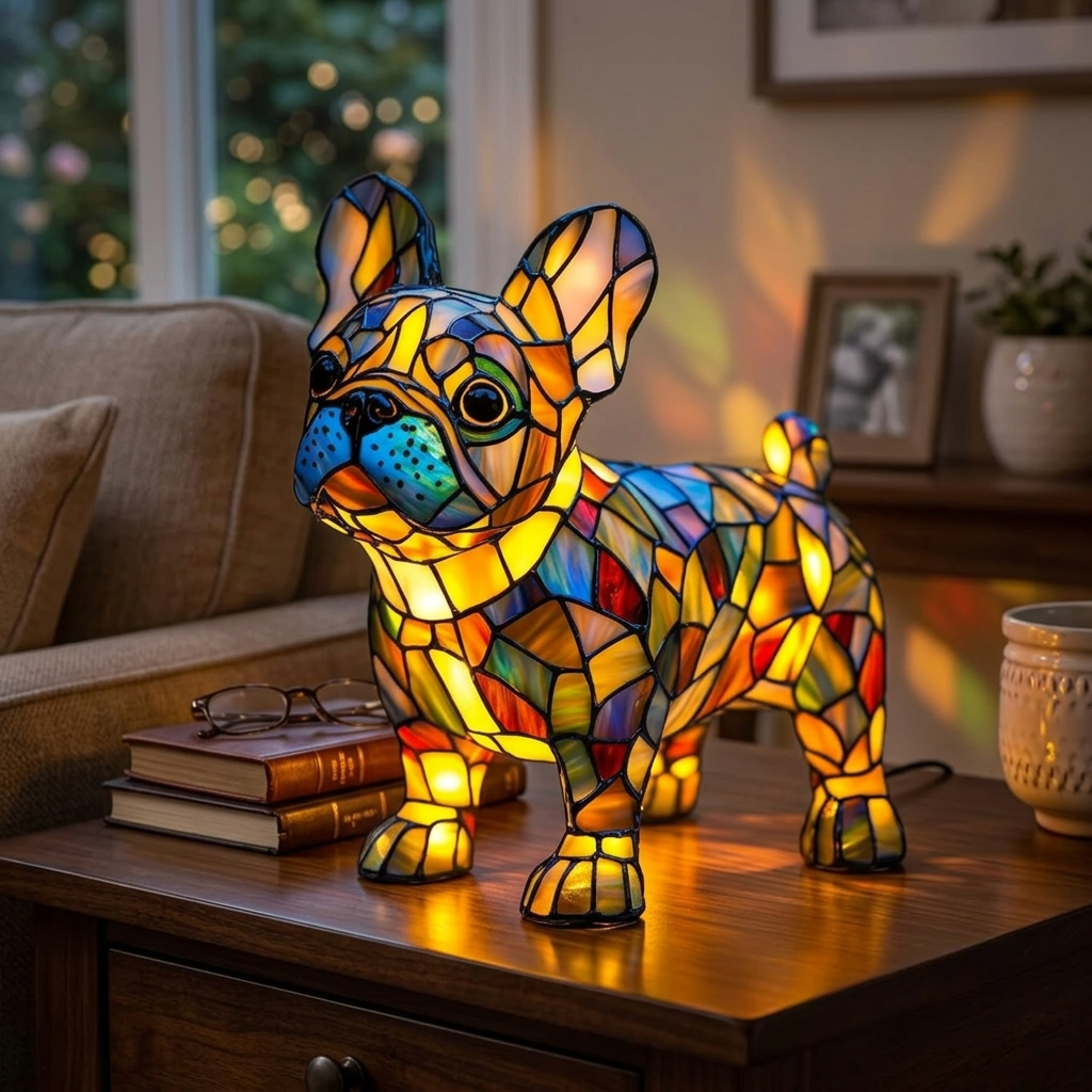 Table Lamp Stained Glass Dog LED Night Light Decor
