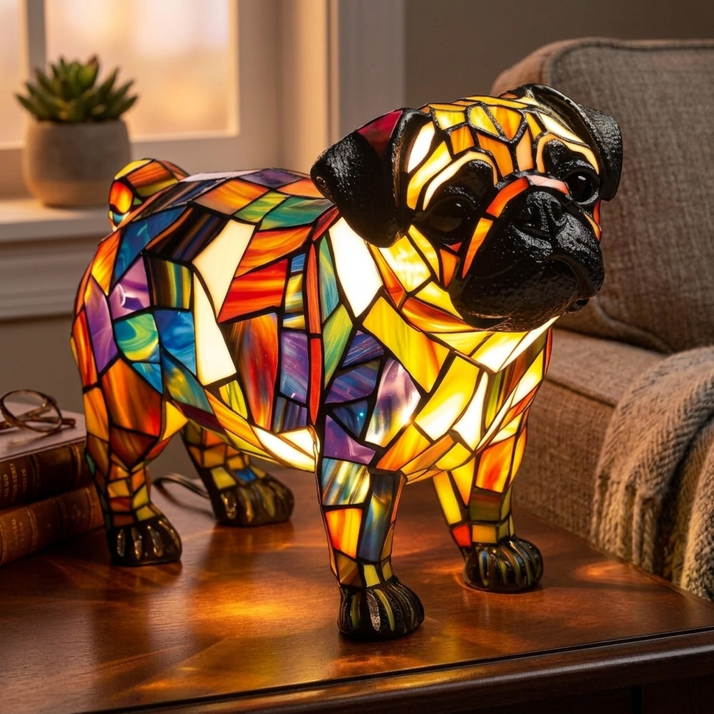 Table Lamp Stained Glass Dog LED Night Light Decor