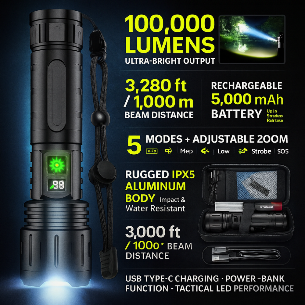 Flashlight Rechargeable Tactical LED High Lumens Long Range Torch