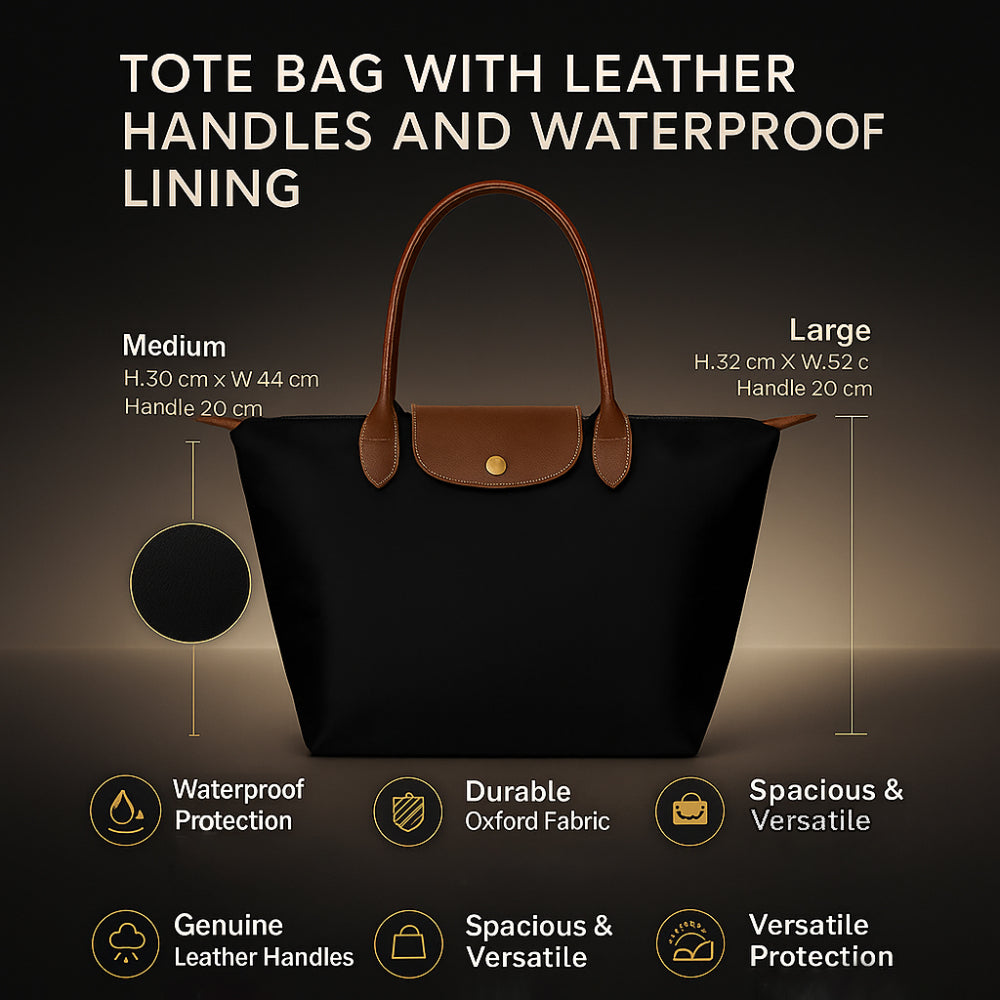 Tote Bag with Leather Handles and Waterproof Lining