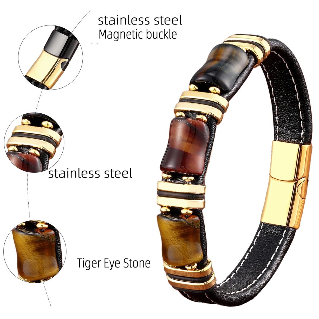 Leather Bracelet with Tiger Eye Natural Stone