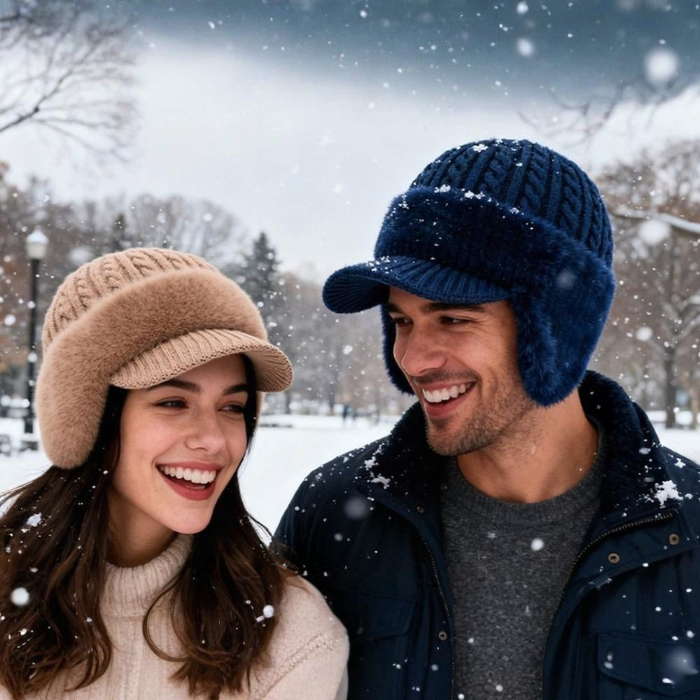 Winter Hat Trapper Ear Flap Knit Cap With Visor Cold Weather