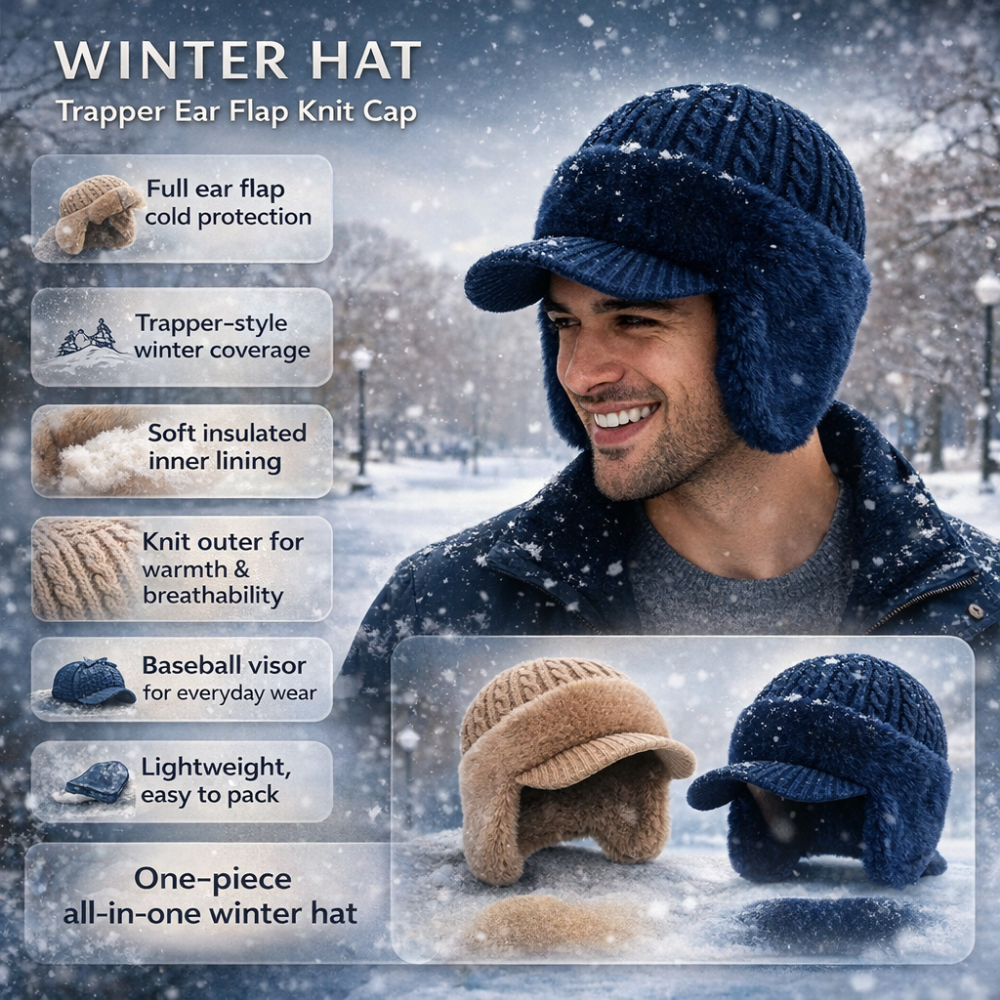 Winter Hat Trapper Ear Flap Knit Cap With Visor Cold Weather