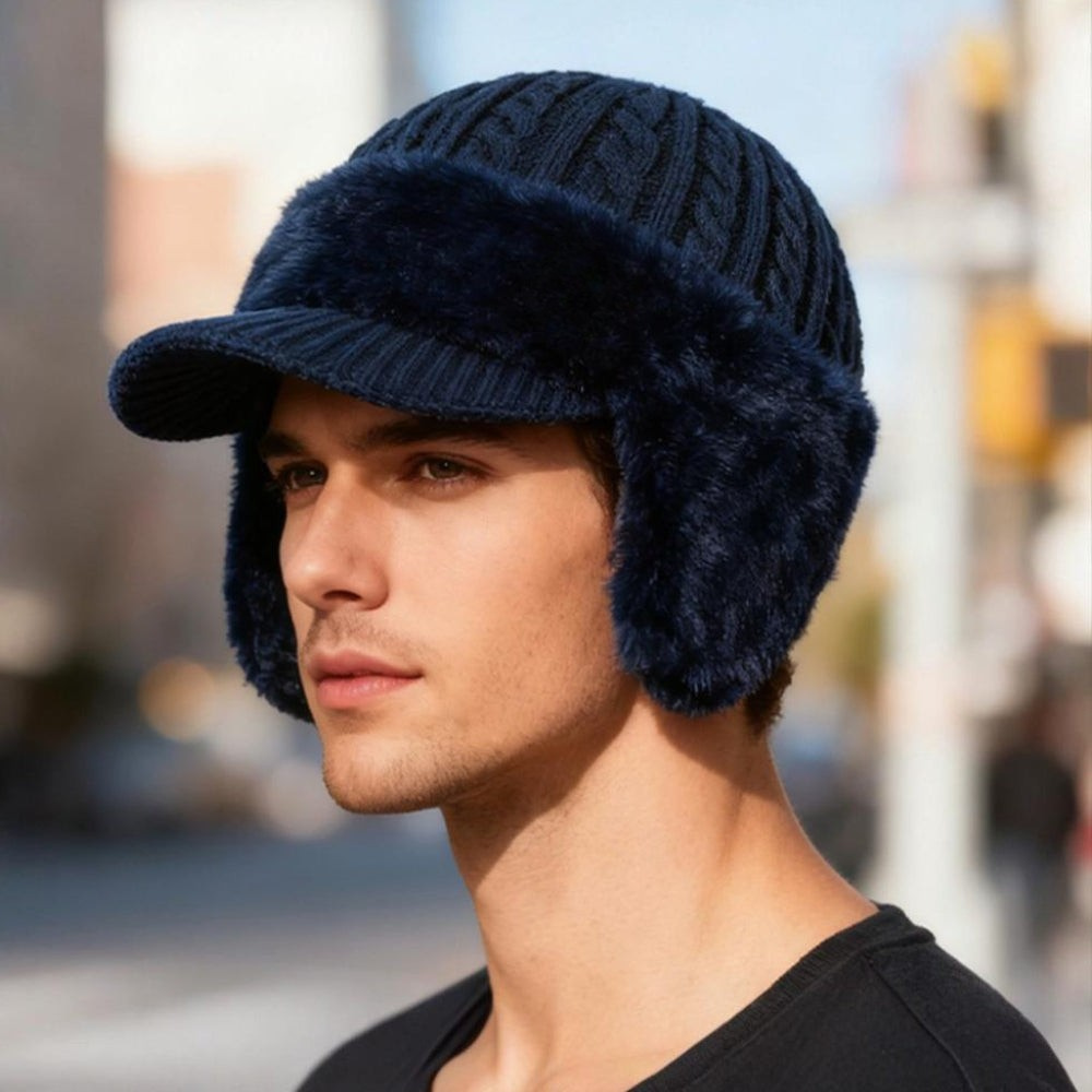 Winter Hat Trapper Ear Flap Knit Cap With Visor Cold Weather