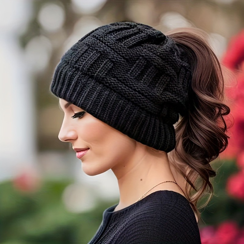 Women's Warm Knitted Winter Beanie Hat - Cozy Messy Bun Gift