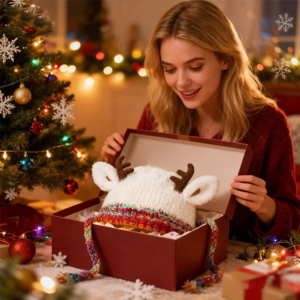 Dámská pohodlná pletená čepice s sobem - roztomilá zimní čepice s parůžky