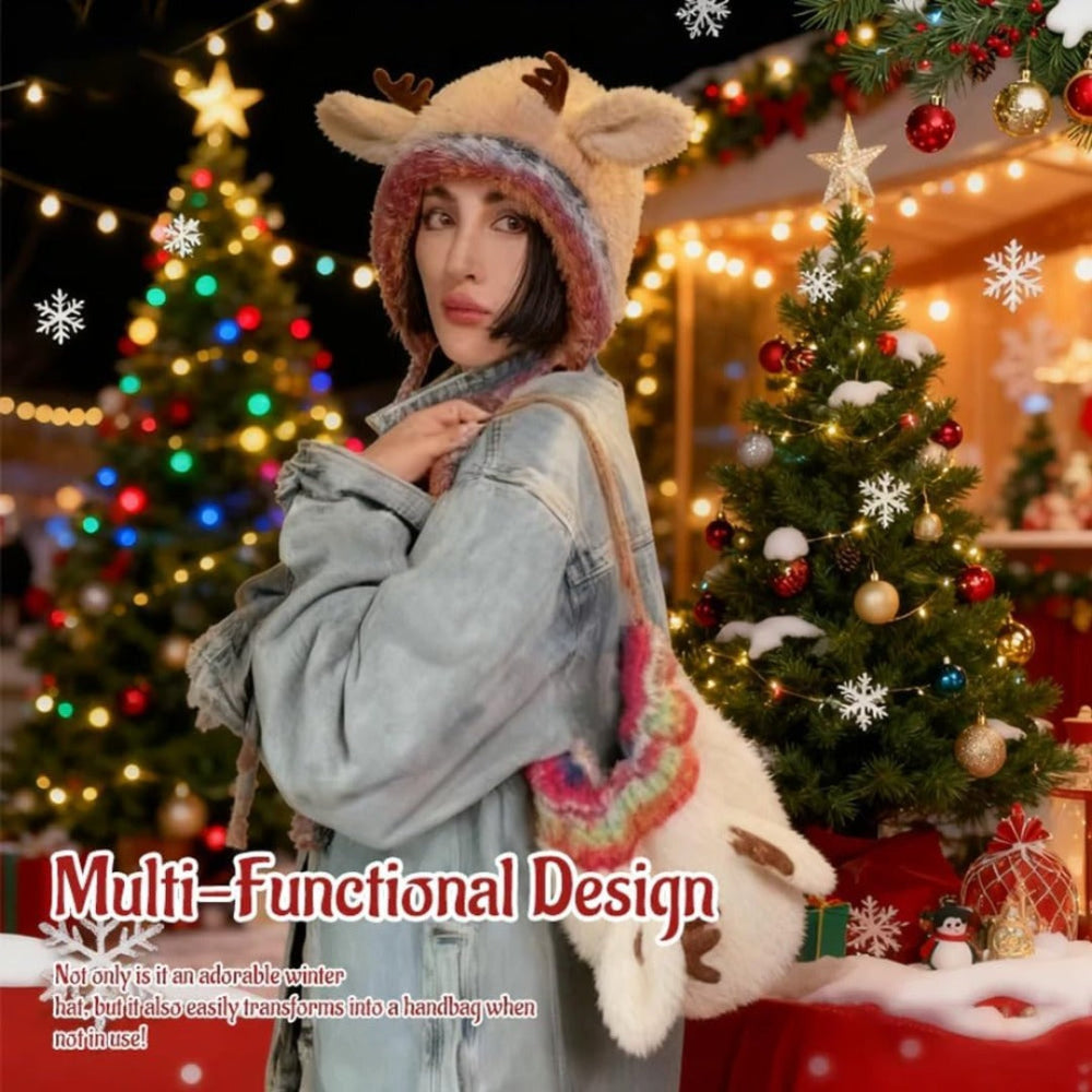 Dámská pohodlná pletená čepice s sobem - roztomilá zimní čepice s parůžky