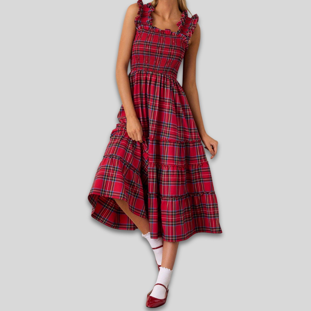 Women's Vintage Plaid Ruffle Dress - Smocked Tiered Maxi