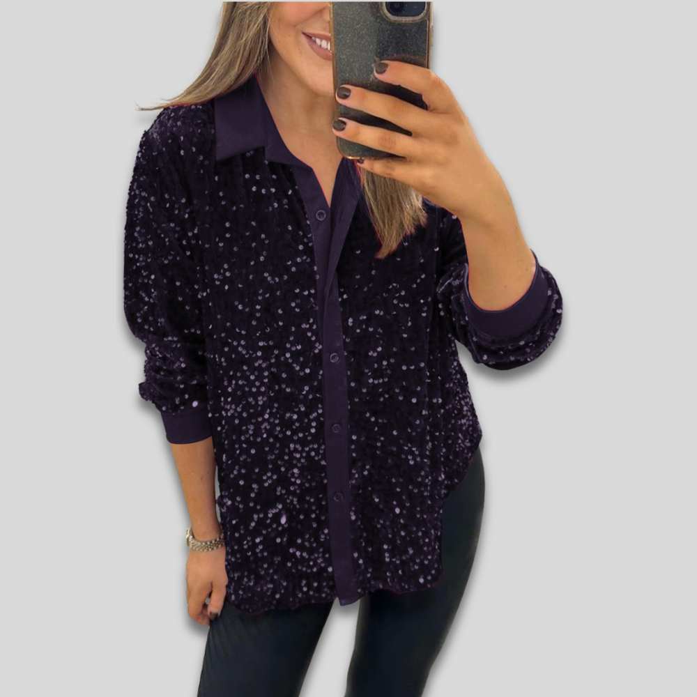 Women’s Long Sleeve Sequin Party Blouse - Sparkly Thanksgiving Outfit