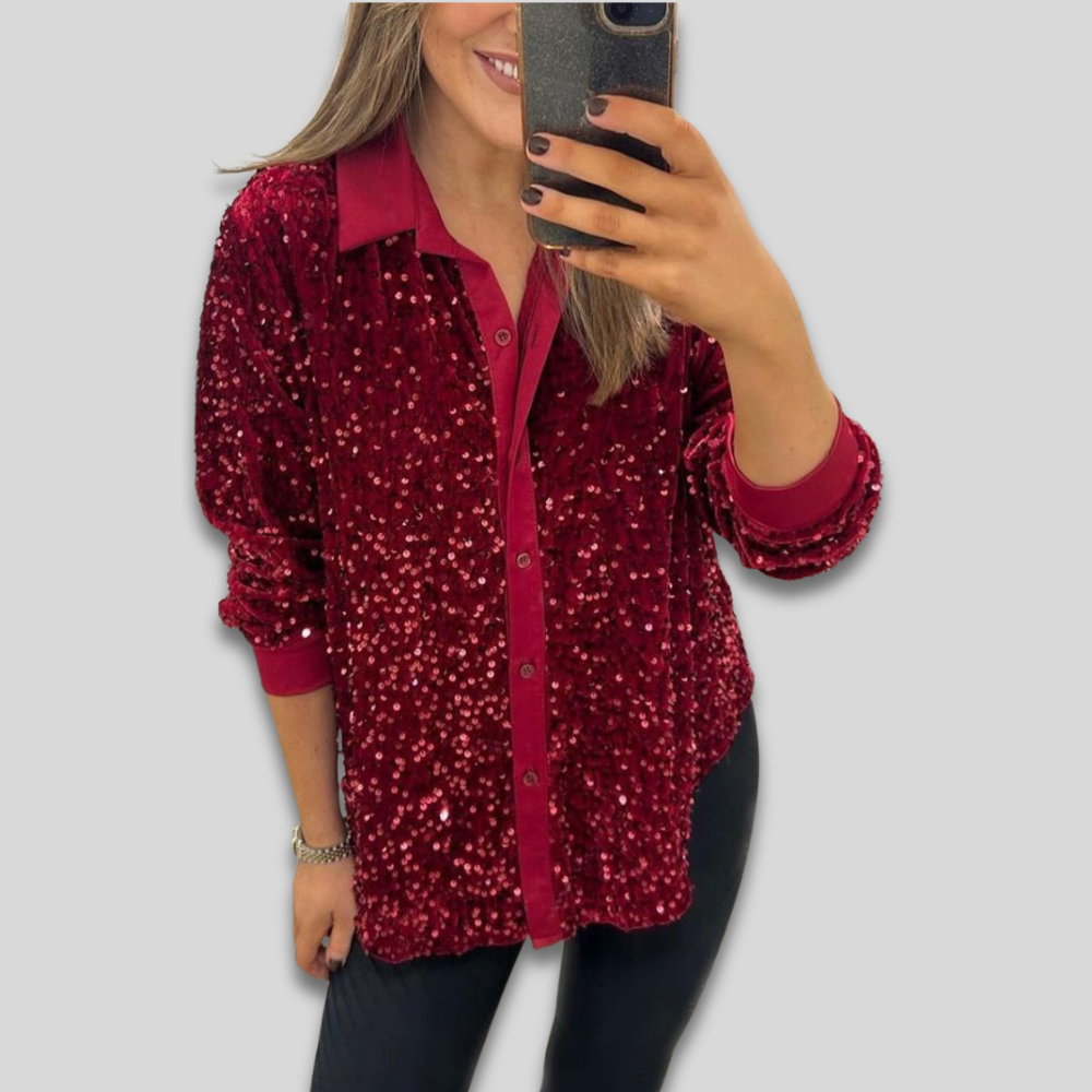 Women’s Long Sleeve Sequin Party Blouse - Sparkly Thanksgiving Outfit