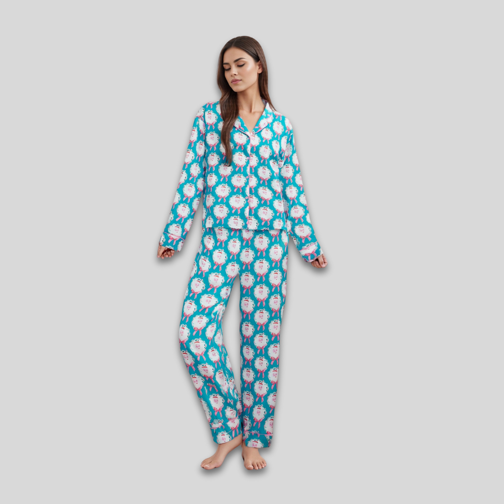 Damen Satin Weihnachts-Loungewear-Set - Langärmeliger Schlafanzug