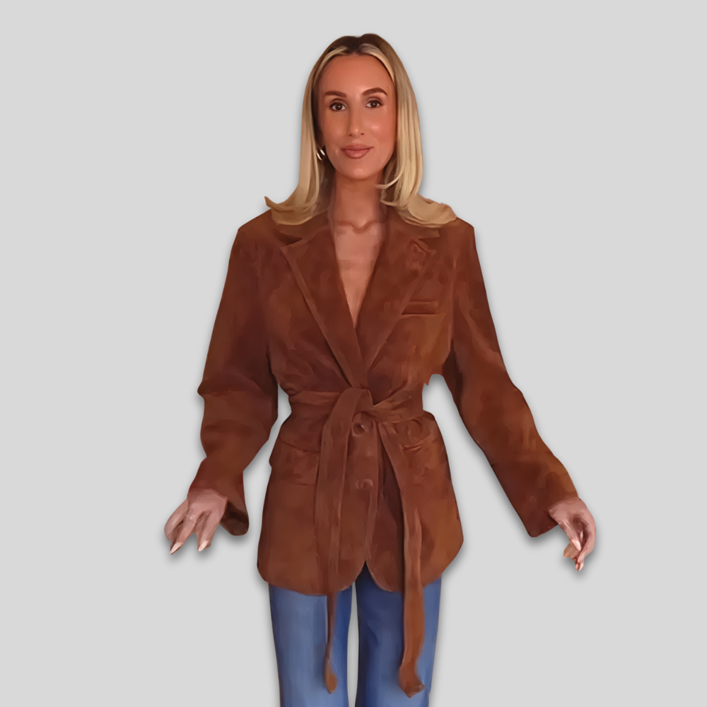Women's Suede Belted Blazer Jacket Casual Thanksgiving Outfit
