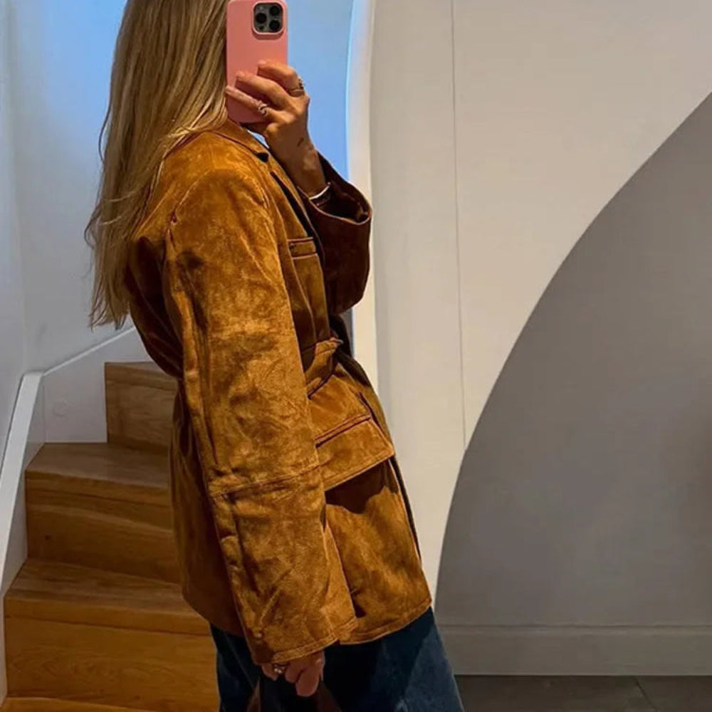 Women's Suede Belted Coat with Pockets – Long Sleeve Lapel Jacket for Autumn Style - Image 3
