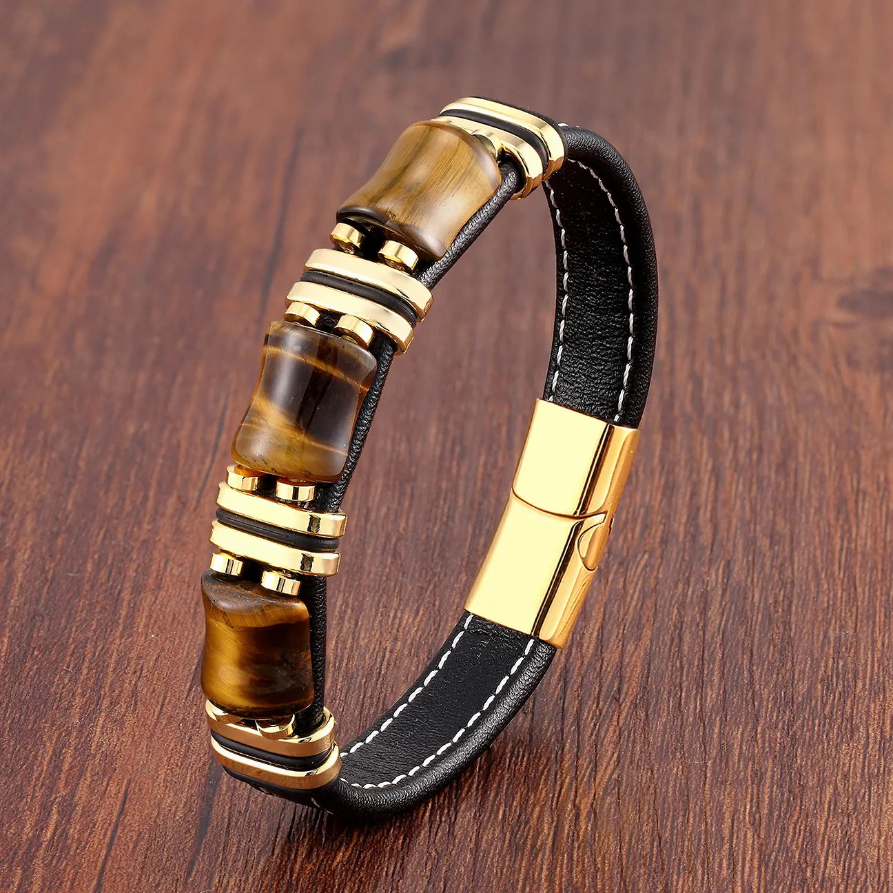 Leather Bracelet with Tiger Eye Natural Stone