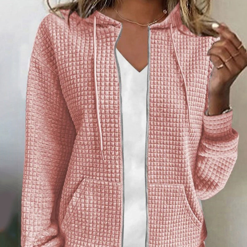Women's Waffle Zip Up Sweatshirt | Casual Oversized Hoodie