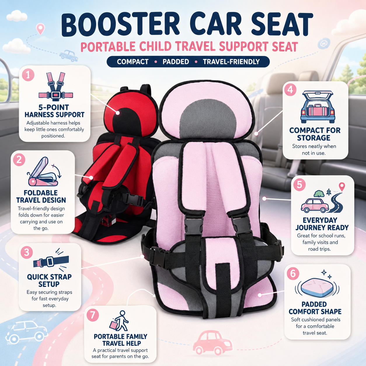 Child Travel Seat Booster Car Seat 5-Point Harness - Image 8