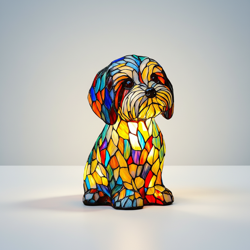 Dog Table Lamp Stained Glass LED Night Light Desk Decor - Image 1