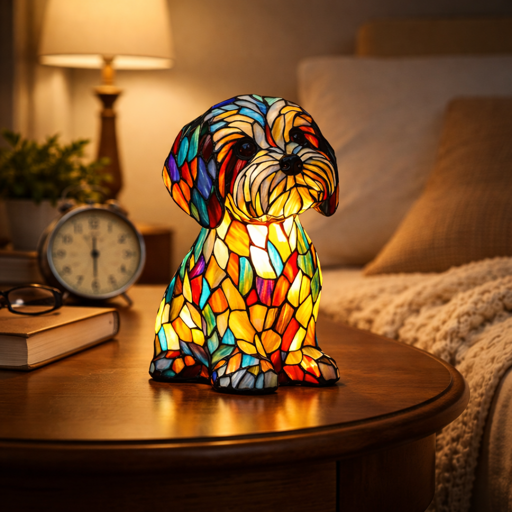 Dog Table Lamp Stained Glass LED Night Light Desk Decor - Image 3