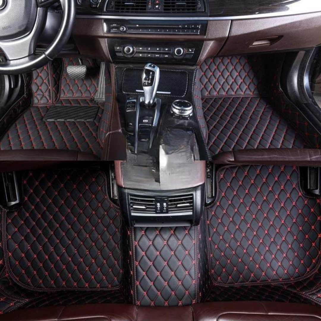 Car Floor Mats Black Red Leather Waterproof