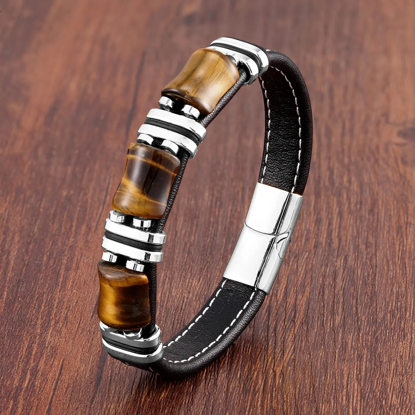 Leather Bracelet with Tiger Eye Natural Stone