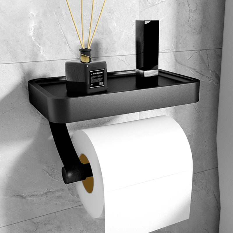 Toilet Roll Holder with Black Metal Shelf