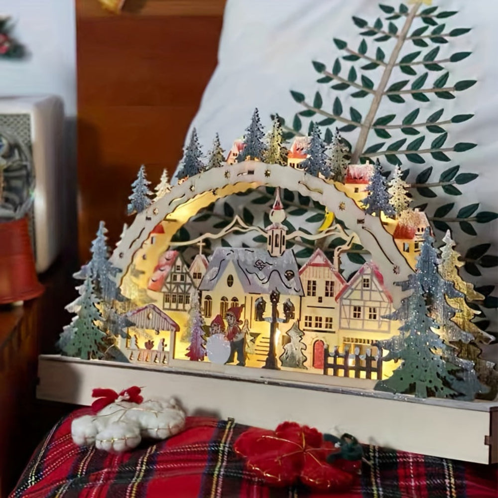 Adornos Navideños Pueblo LED Decoración de Madera para Mesa